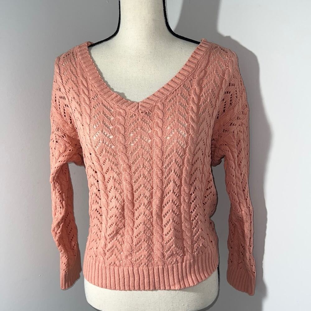 American Threads Coral Crochet Twist Back Sweater S/M